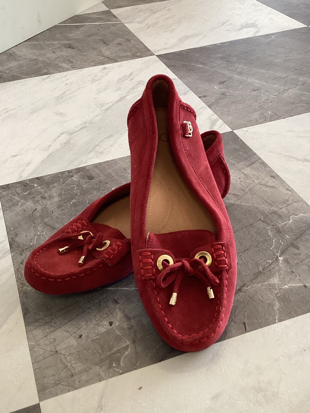UGG Red Suede Women's Moccasin Loafers with Gold Accents